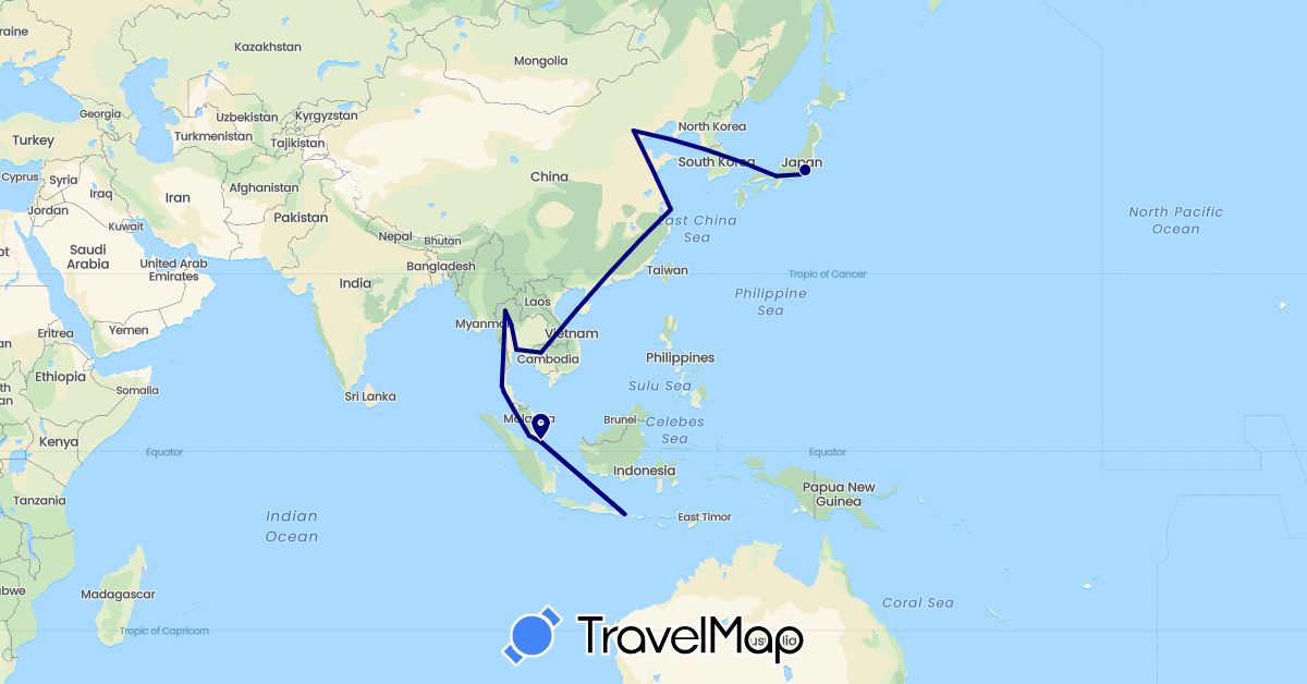 TravelMap itinerary: driving in China, Indonesia, Japan, Cambodia, Malaysia, Singapore, Thailand (Asia)